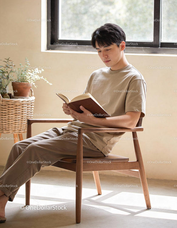 Young man reading book in bright serene room