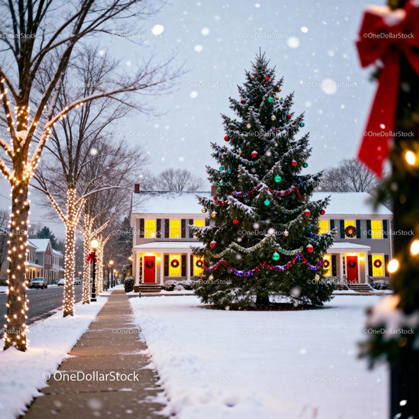 Snowy neighborhood with decorated Christmas tree and lights