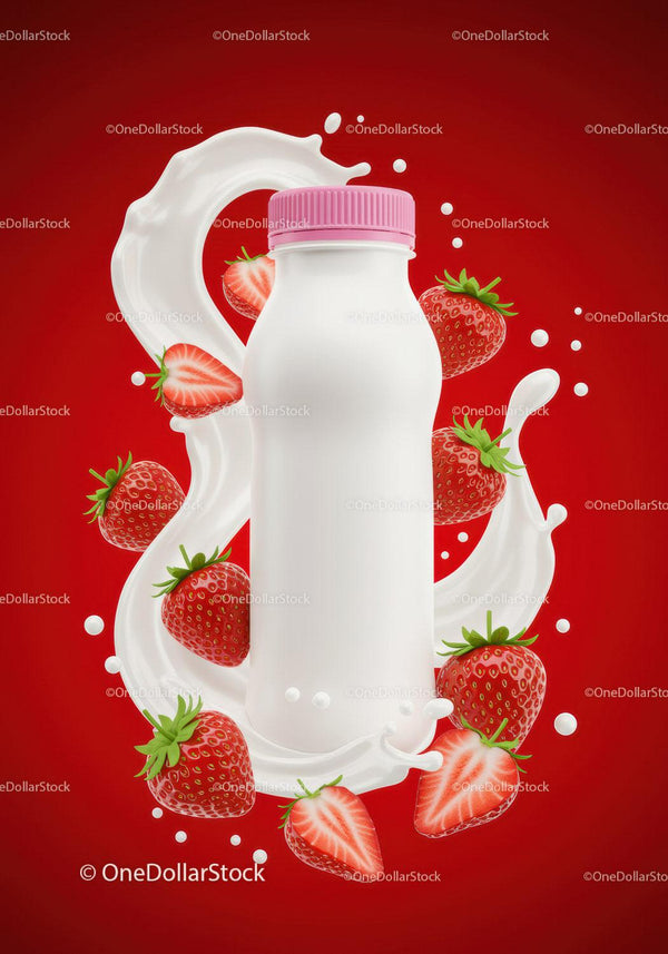 Strawberry yogurt bottle surrounded by milk splash JPG Mockup Image