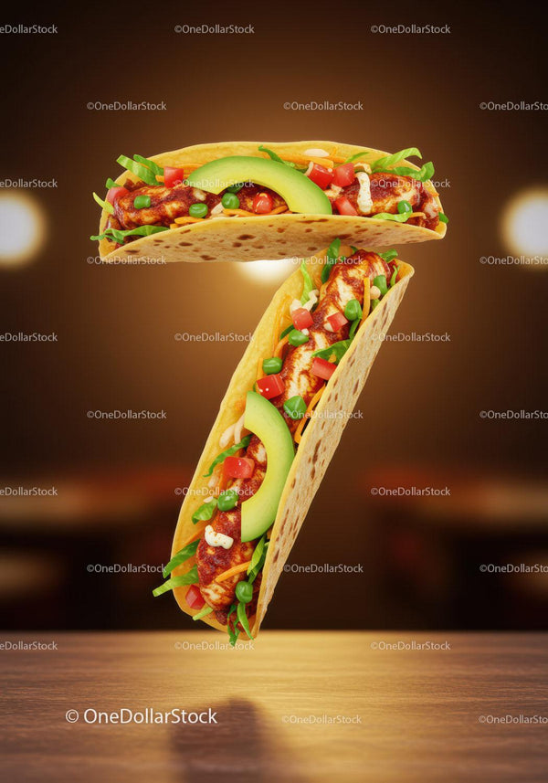 Tacos forming number seven with fresh vibrant ingredients