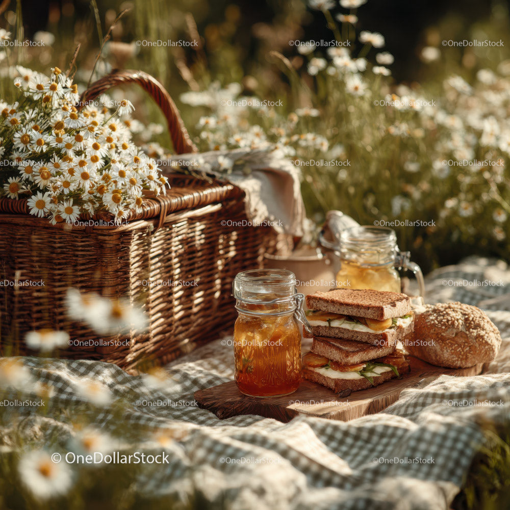 Outdoor Picnic with Sandwiches Honey Jars and Daisy Flowers