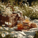 Outdoor Picnic with Sandwiches Honey Jars and Daisy Flowers