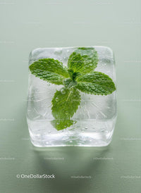 Fresh mint leaves frozen inside a clear ice cube
