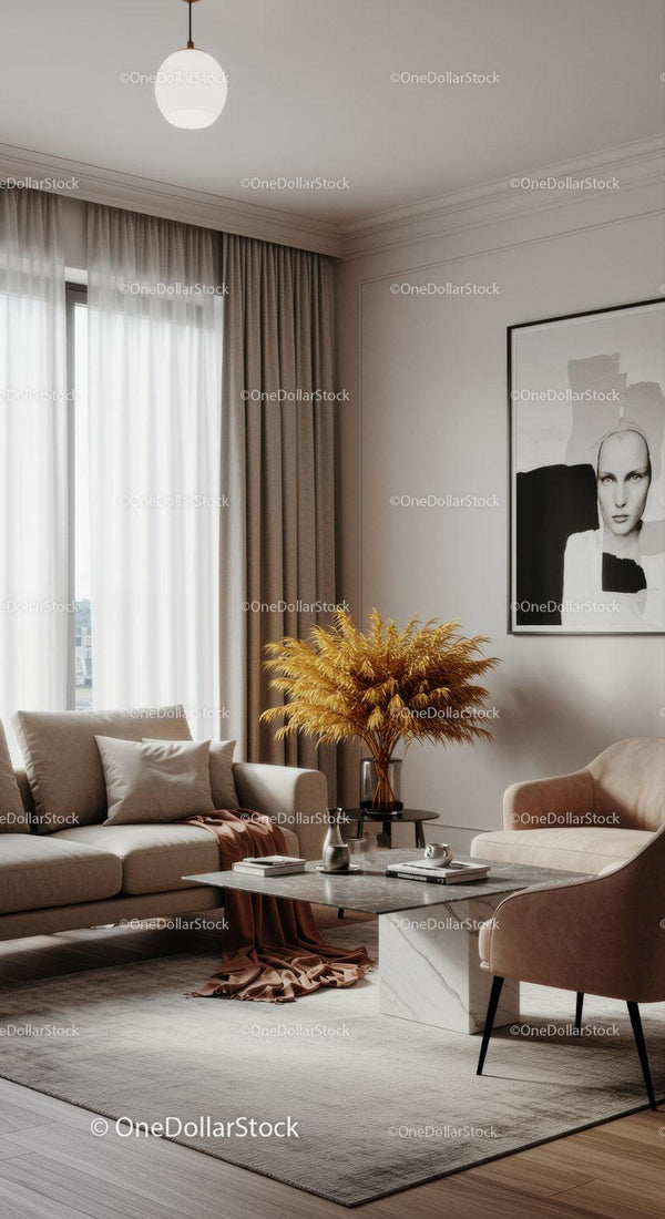 Elegant Modern Living Room with Beige Sofa and Yellow Pampas Grass