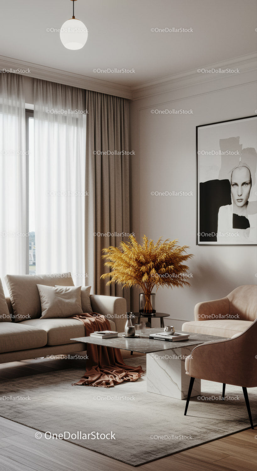 Elegant Modern Living Room with Beige Sofa and Yellow Pampas Grass