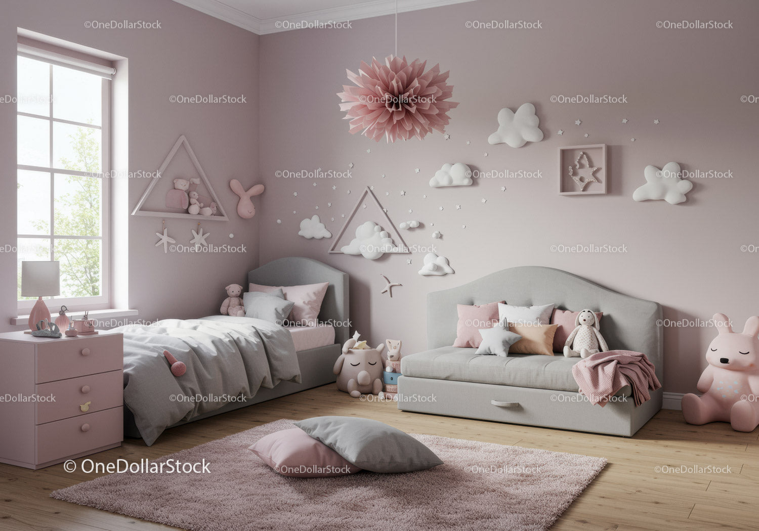 Soft Pastel Children's Bedroom with Cloud and Star Wall Decor