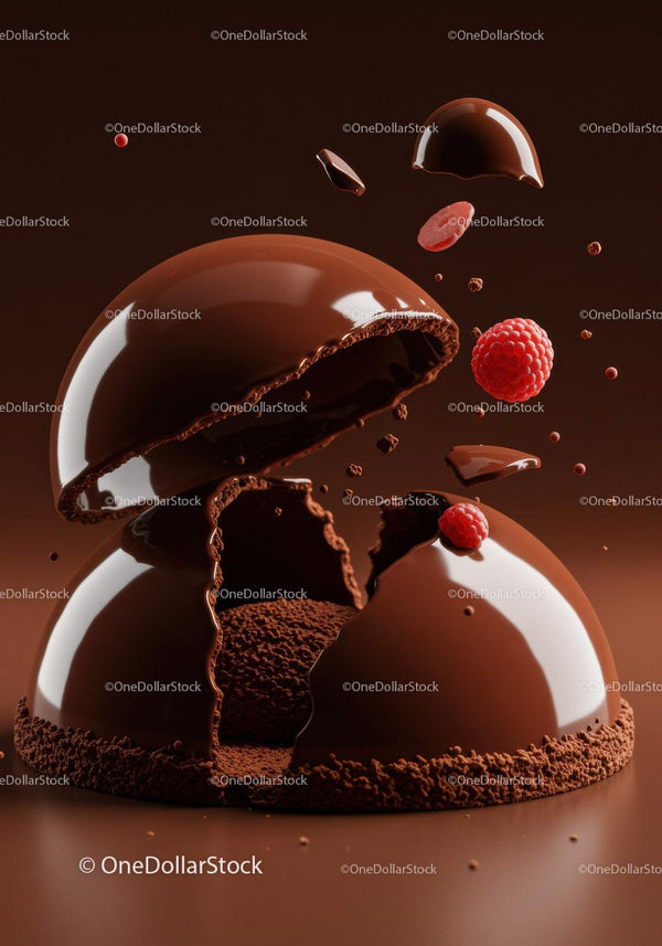 Broken chocolate dome with fresh raspberries inside