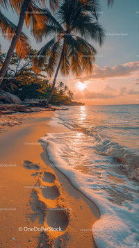 Tropical Beach Sunset with Palm Trees and Footprints