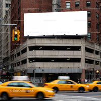 Busy urban intersection with yellow taxis and blank billboard JPG Mockup Image preview