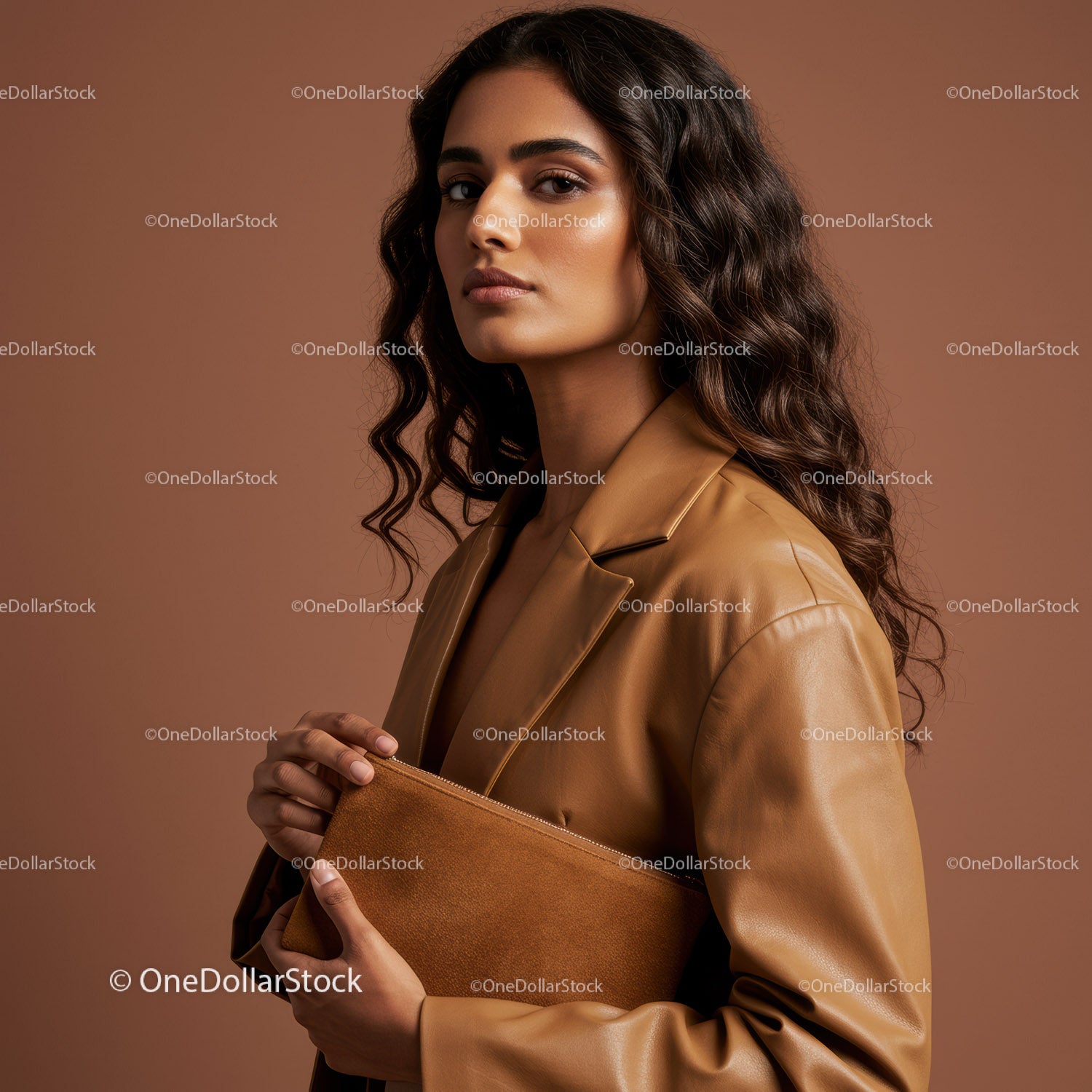 Fashionable Woman in Brown Leather Jacket with Elegant Style