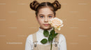 Young Girl Holding White Rose Portrait with Beige Background