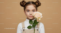 Young Girl Holding White Rose Portrait with Beige Background