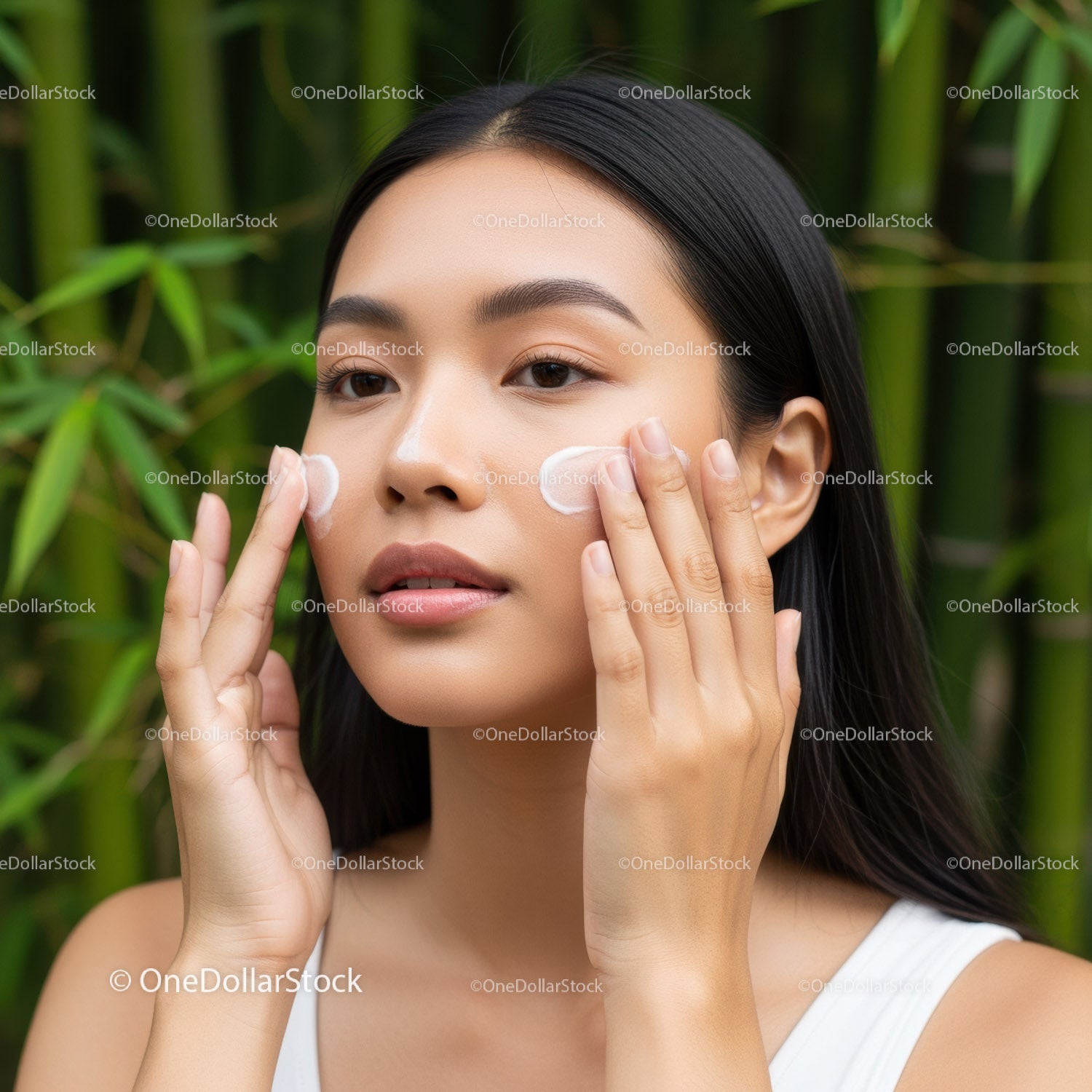 Young Woman Applying Skincare Cream in Front of Green Foliage