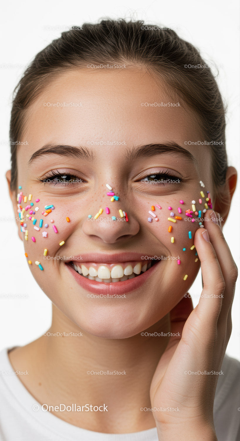 Young Woman with Colorful Sprinkles on Face in Joyful Portrait