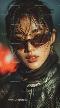 Confident Female Rider in Sunglasses with Motorcycle Gear
