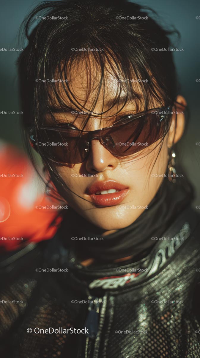 Confident Female Rider in Sunglasses with Motorcycle Gear
