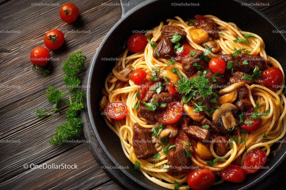 Delicious Spaghetti with Beef and Cherry Tomatoes on Rustic Wooden Table