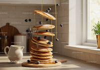 Stack of fluffy pancakes with blueberries and honey drizzle