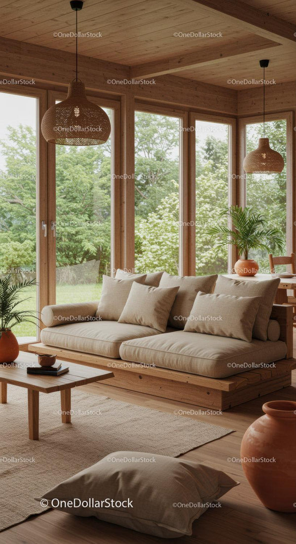 Cozy beige sofa in sunlit wooden living room with plants