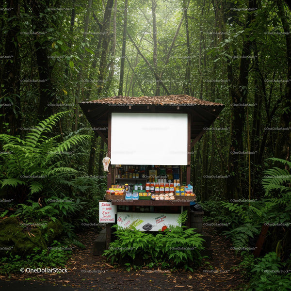 Small rustic market stall surrounded by dense tropical forest JPG Mockup Image