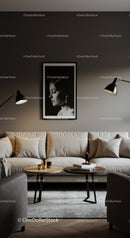 Elegant Modern Living Room with Beige Sofa and Artistic Portrait