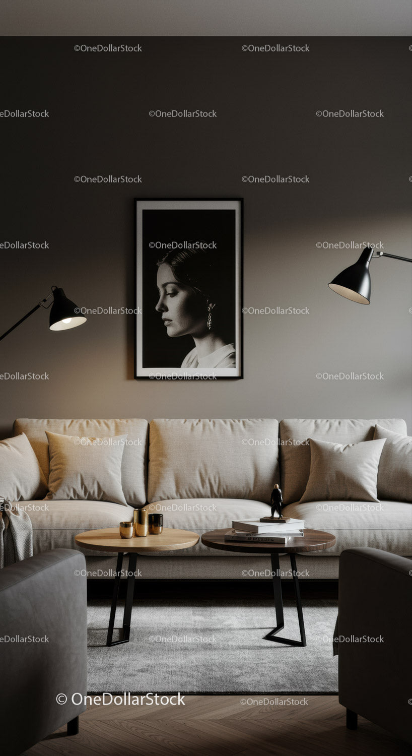 Elegancki, nowoczesny salon z beżową sofą i artystycznym portretem