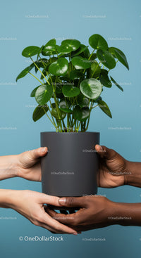 Diverse hands passing green potted plant together