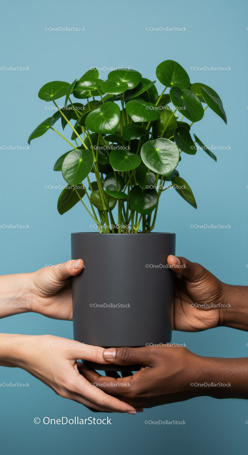 Diverse hands passing green potted plant together