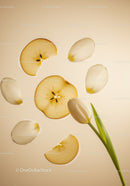 White tulip with scattered petals and apple slices