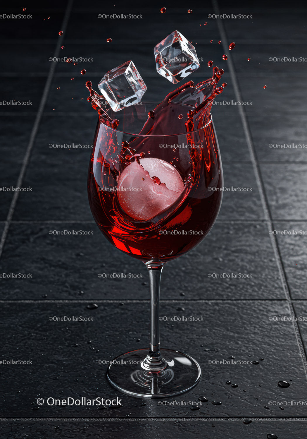Red wine splash with ice cubes in elegant glass