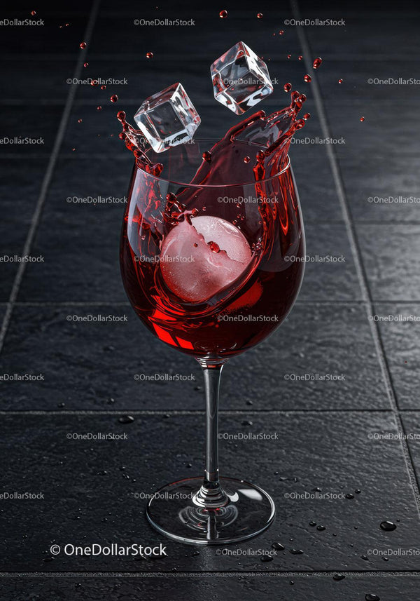 Red wine splash with ice cubes in elegant glass