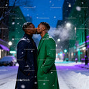 Romantic winter kiss between two men in city street