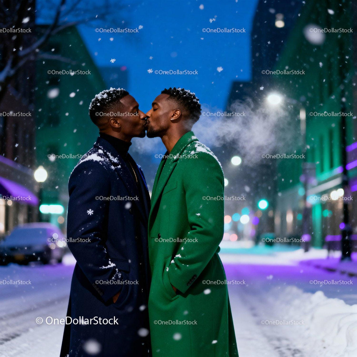 Romantic winter kiss between two men in city street