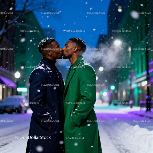 Romantic winter kiss between two men in city street