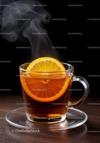 Steaming hot tea with fresh orange slices in glass cup