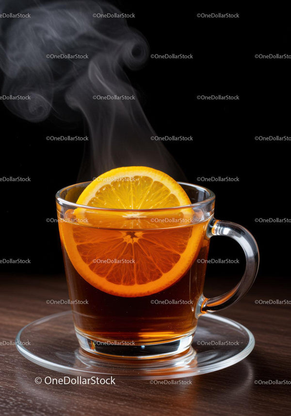Steaming hot tea with fresh orange slices in glass cup
