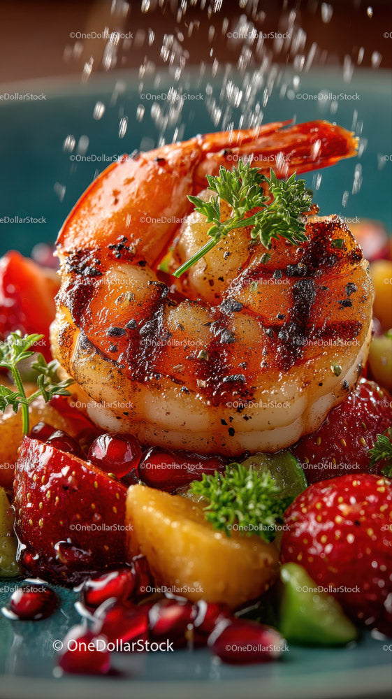 Krewetki z grilla gourmet z sałatką z mieszanych owoców i świeżymi jagodami
