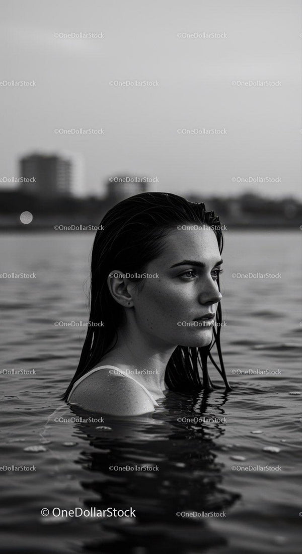 Serene Female Portrait in Water with Urban Background Stock Photo Bundle (12 JPG Files)