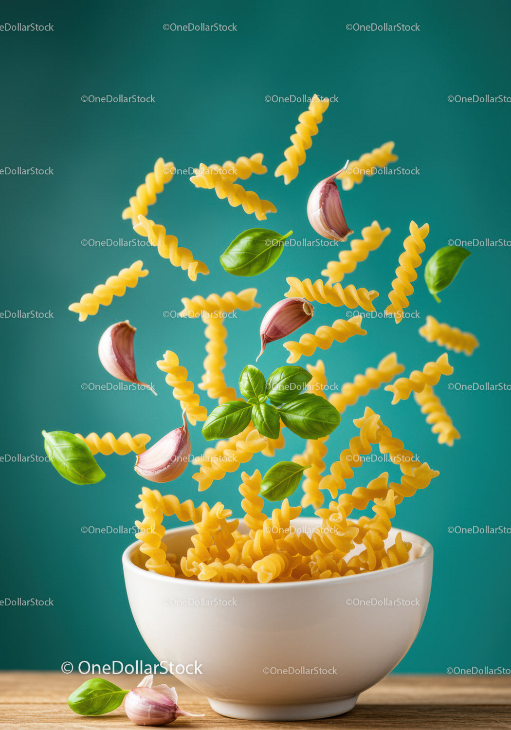 Flying fusilli pasta with basil and garlic cloves