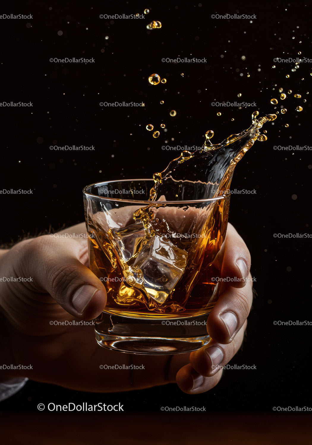 Dłoń trzymająca szklankę whisky z rozpryskującymi się kostkami lodu
