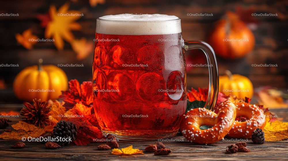 Autumn Season Beer Mug with Pumpkin and Pretzels on Rustic Table