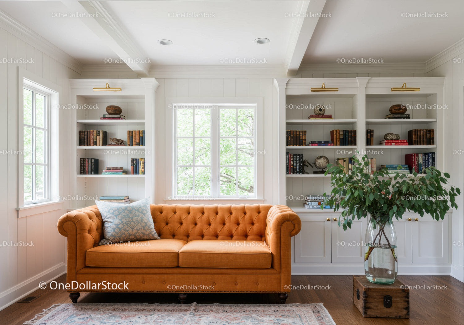Cozy bright living room with orange sofa and bookshelves