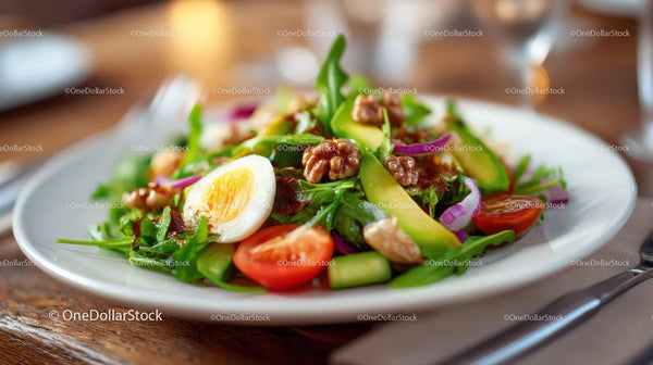 Fresh Garden Salad with Egg Tomatoes Cucumbers and Walnuts