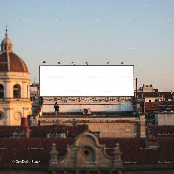 Man Standing Near Large Blank Billboard Over City Rooftops JPG Mockup Image