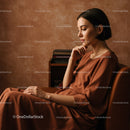 Elegant Woman in Brown Dress Sitting in Modern Interior
