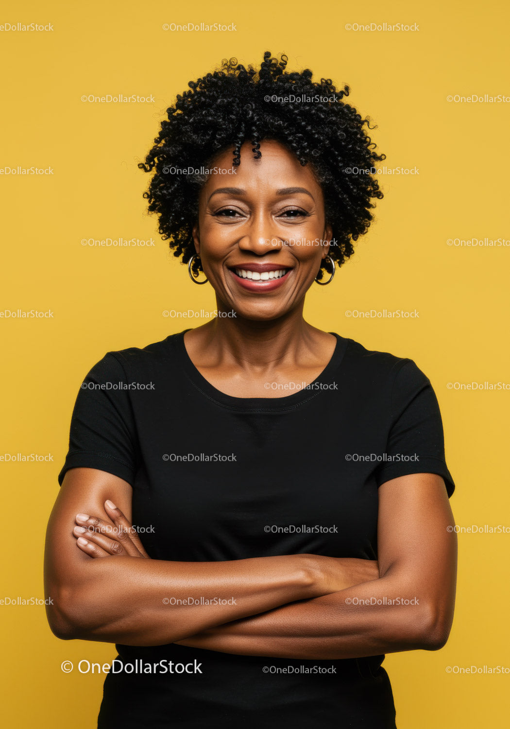 Smiling African American Woman with Curly Hair on Yellow Background