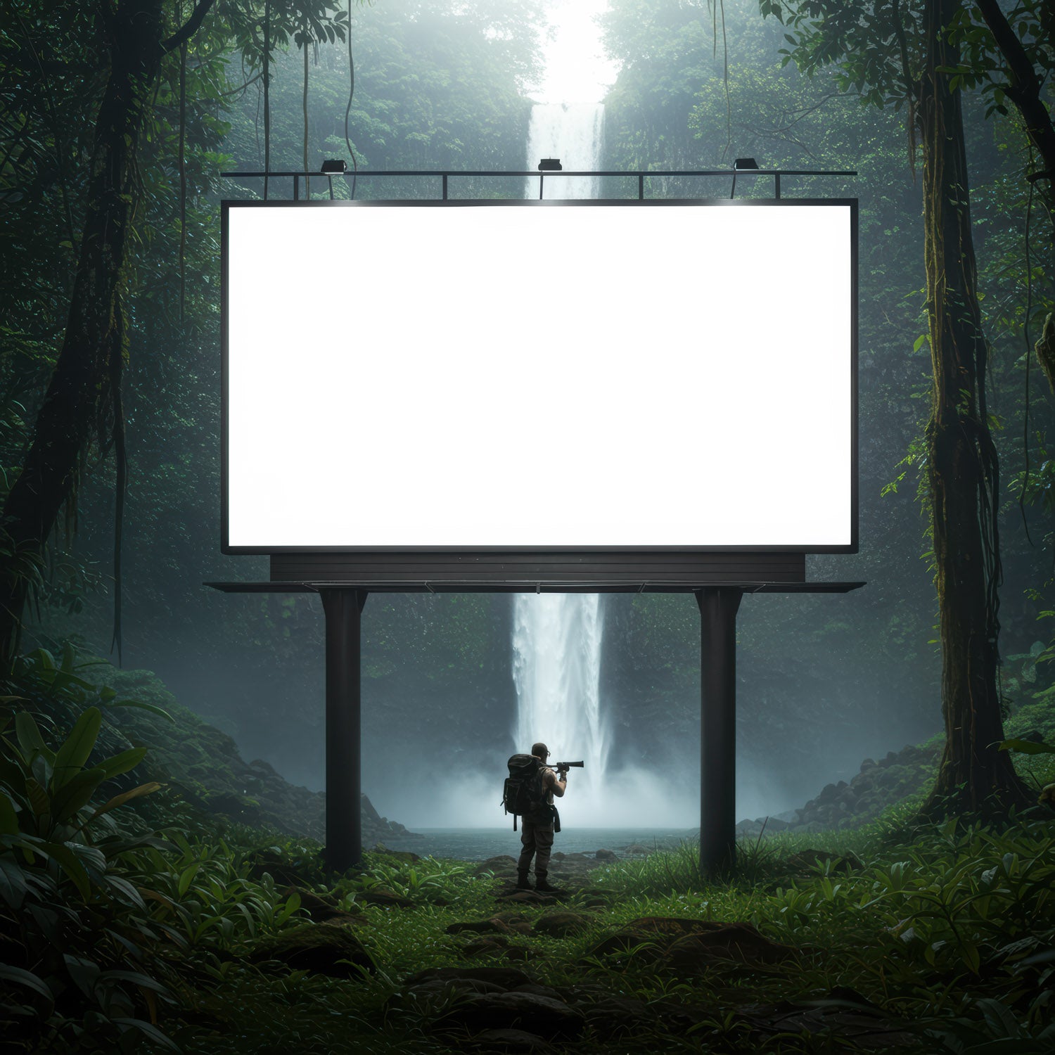 Odkrywca z kamerą stojący przy billboardzie z wodospadem