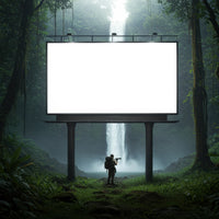 Explorer with Camera Standing Near Waterfall Billboard