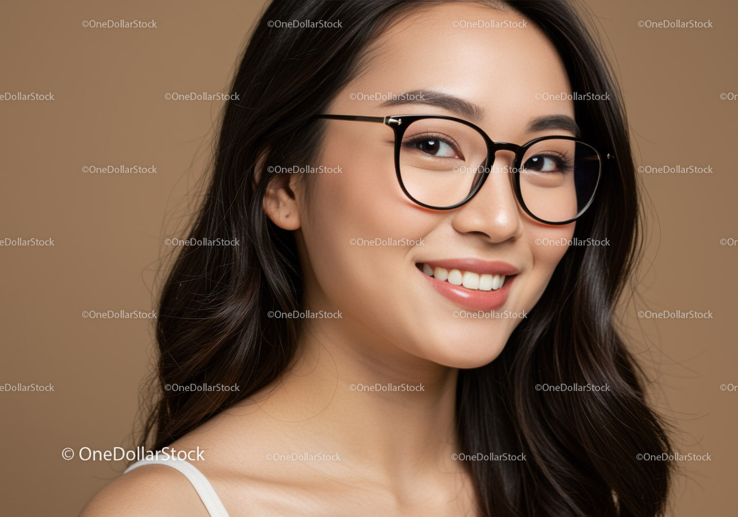 Elegant woman wearing trendy black glasses and smiling