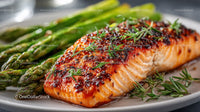 Gourmet Roasted Salmon Fillet with Asparagus on Elegant Plate